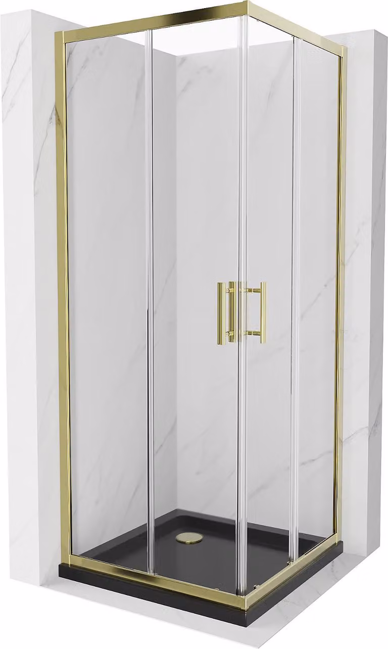 Mexen Rio cabina doccia quadrata 90 x 90 cm, trasparente, dorata + piatto doccia Flat, nero - 860-090-090-50-00-4070G