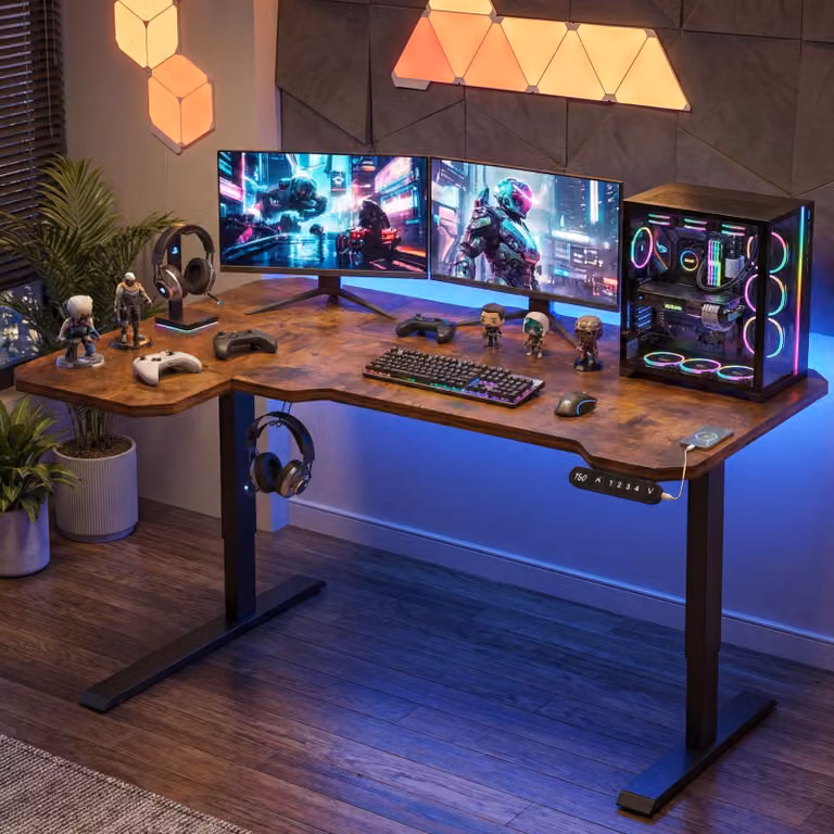 Hilodesk 150 cm scrivania angolare a forma di L regolabile elettricamente in altezza, scrivania in piedi, scrivania da ufficio, struttura/superficie in legno, desktop marrone retrò