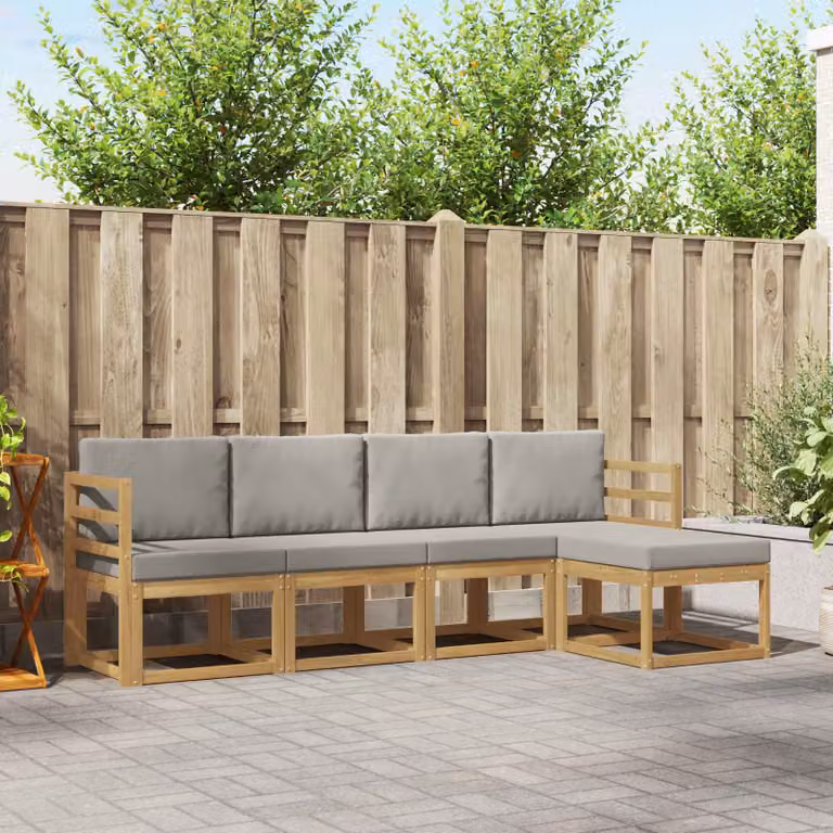 vidaXL Set di divani da esterno a L con pouf e cuscini in legno di acacia bianco e grigio