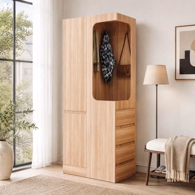 Armadio guardaroba in legno di pino naturale con anta a battente, 4 cassetti interni e vano appendiabiti, stile scandinavo, colore beige/marrone, H: 170 cm, L: 70 cm, P: 40 cm