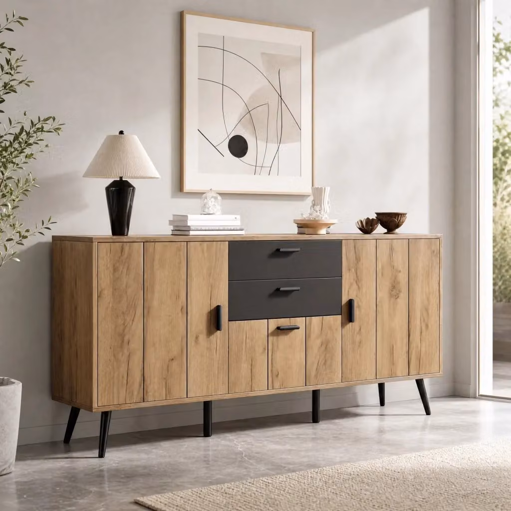 Credenza moderna in MDF nero effetto legno con 3 ante e 2 cassetti per cucina – 2