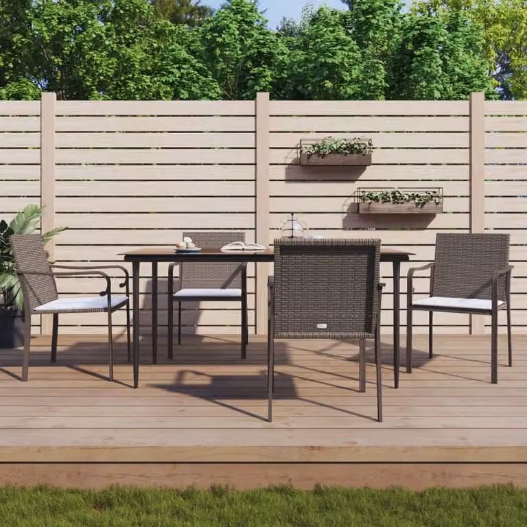 Set da pranzo da giardino vidaXL in polyrattan e acciaio con 5 pezzi e cuscini, tavolo rettangolare in vetro e sedie moderne