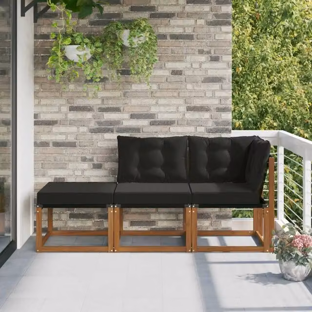 Divano modulare da esterno a L con pouf DESIGN IN, struttura in legno di acacia e cuscini in tessuto nero e marrone – 1
