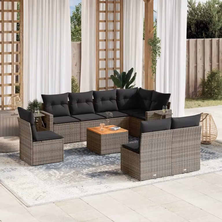 vidaXL Set Divano da Giardino a L 9 pz in Polyrattan Grigio con Cuscini e Tavolino