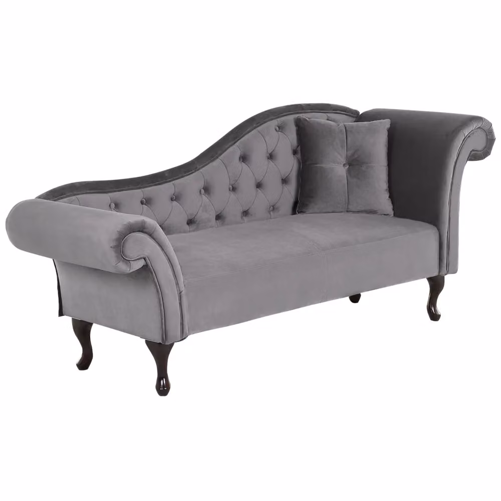 Chaise longue BELIANI in velluto grigio con rivestimento trapuntato, braccioli arrotolati e cuscino, versione destra L/P/H: 188 x 59 x 87 cm – 2