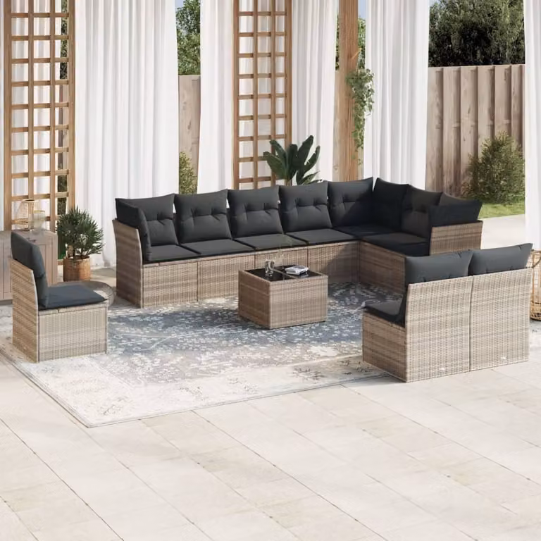 vidaXL Set Divani da Giardino 11 pz in Polyrattan Grigio con Cuscini e Tavolino da Esterno