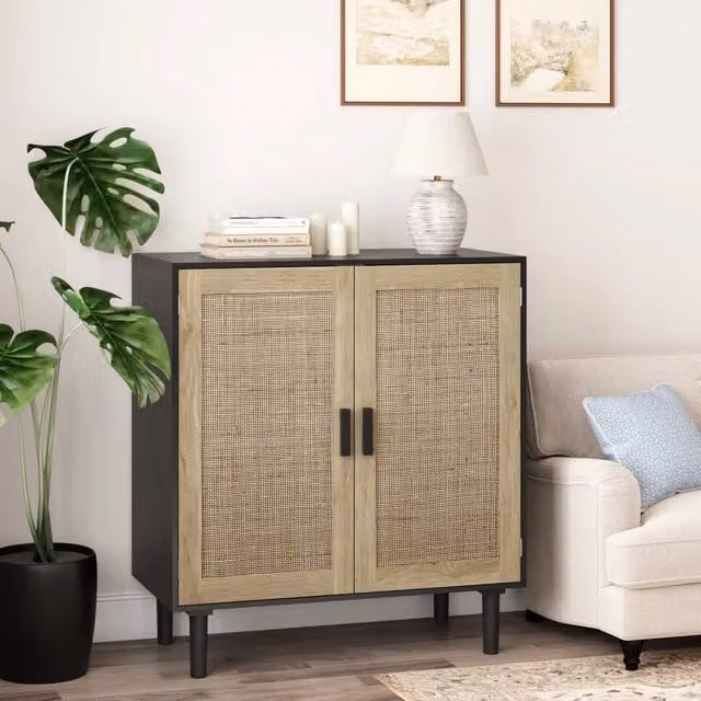 Armadio portaoggetti in rattan nero, 80 cm, 2 ante, per soggiorno, sala da pranzo e ingresso