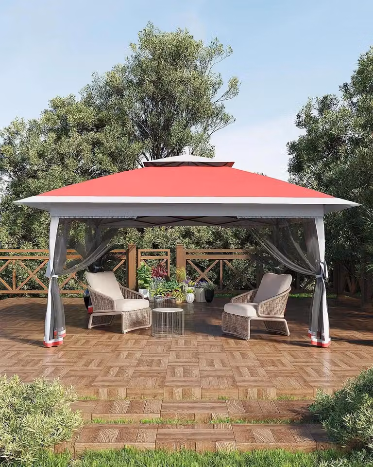 Gazebo da giardino 4 x 4 metri - Tenda pieghevole per feste - Tetto impermeabile - Pannelli laterali in rete con protezione anti-zanzare - Altezza regolabile - Struttura in acciaio robusta - Colore: rosso