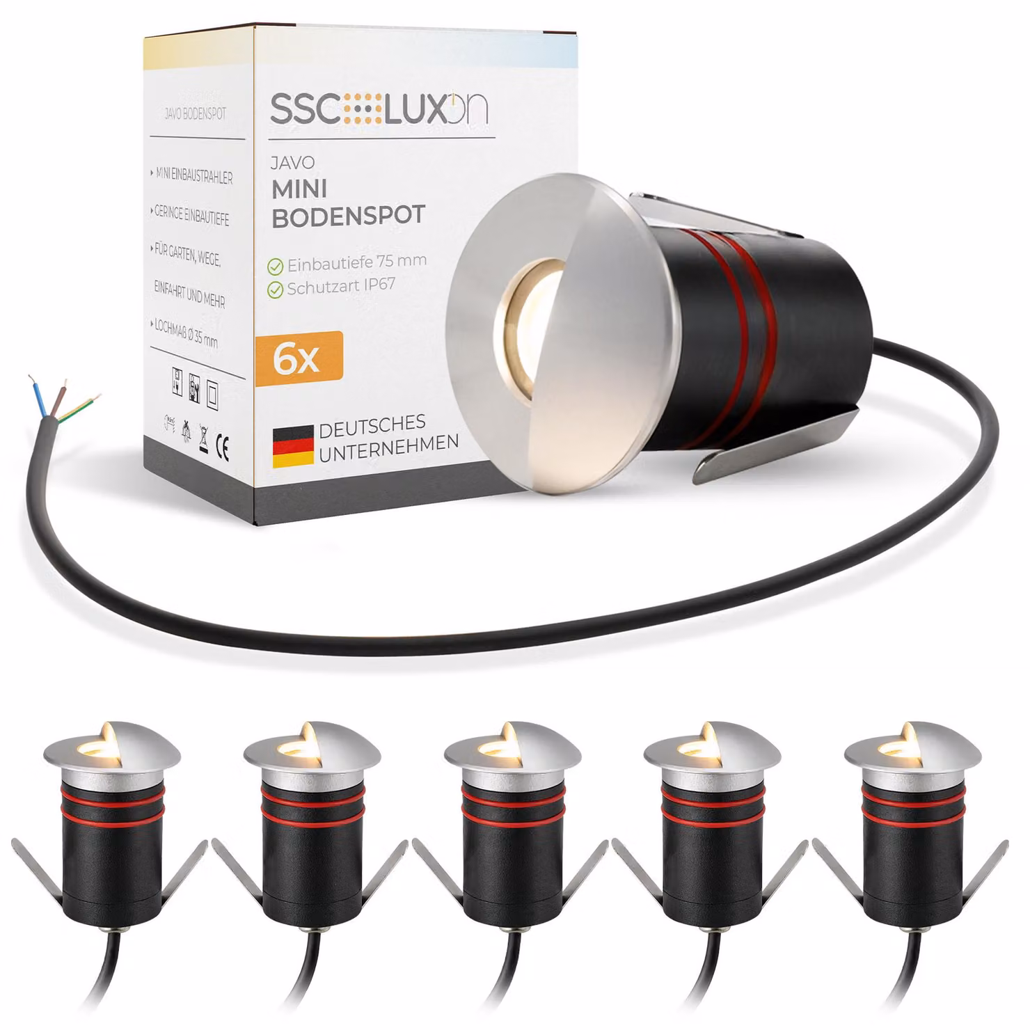 SSC-LUXon JAVO 6 pezzi faretto da incasso a terra per esterno IP67 bianco caldo Ø 47mm - Luce di percorso in alluminio 230V con luce laterale