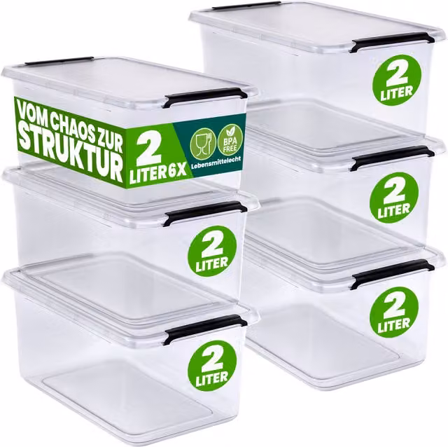 Set di 6 scatole portaoggetti DEUBA in plastica trasparente con coperchio a scatto, impilabili e lavabili in lavastoviglie, L/P/H: 20 x 15 x 12 cm