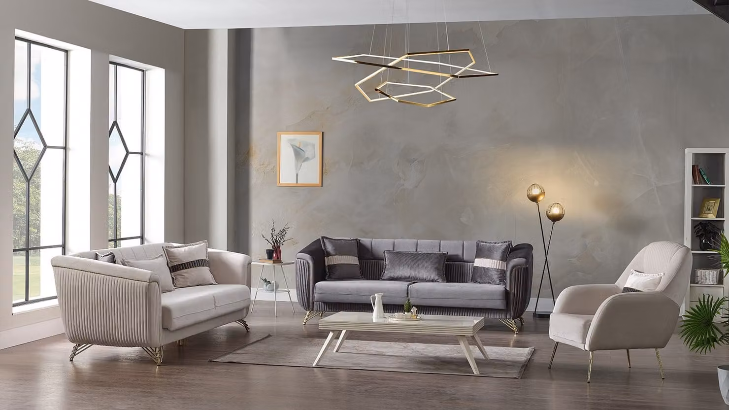 Designer Sofagarnitur 3+3+1 Sitzer Couch Polster Sitzgarnitur Samt Set Grau
