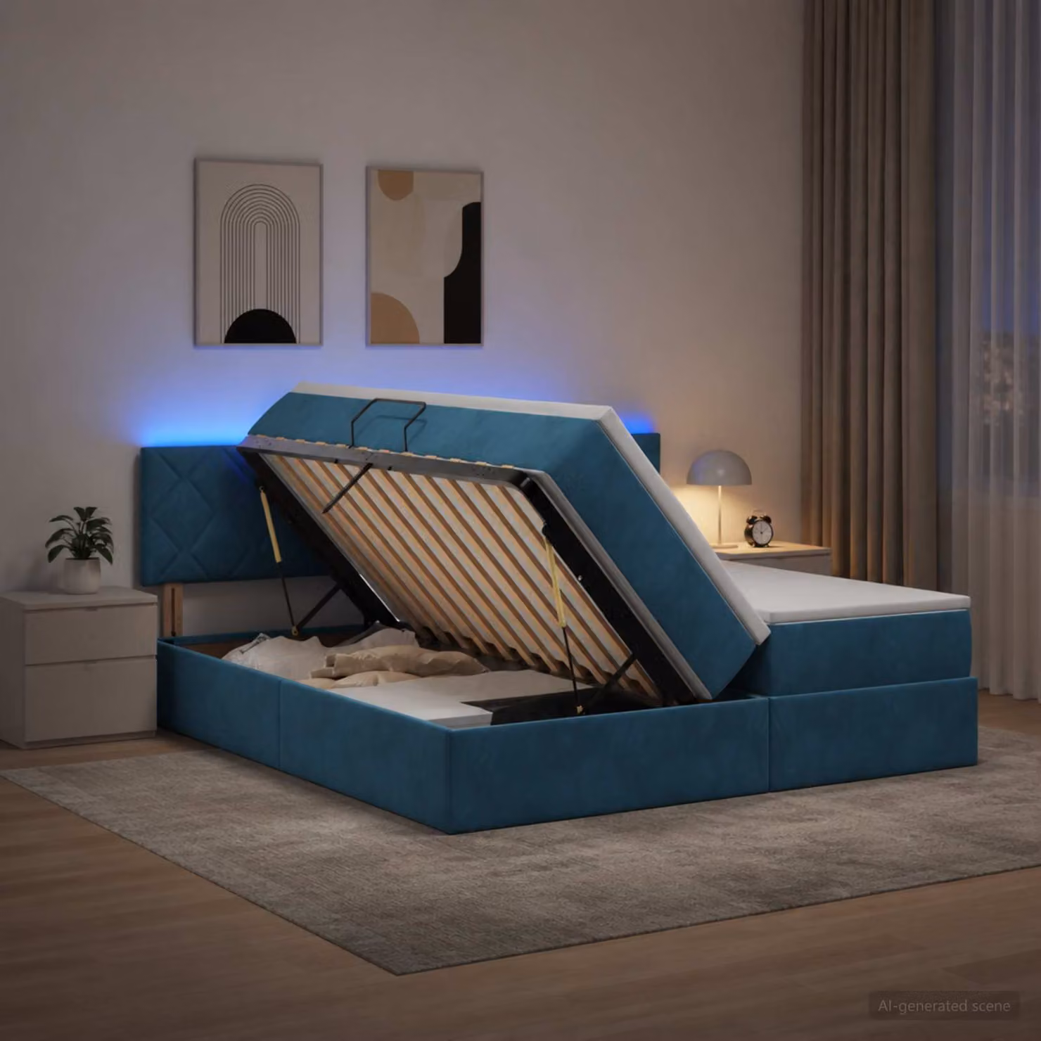 Letto con contenitore vidaXL in velluto blu con illuminazione LED e porta USB, L/P/H: 180 x 200 x 140 cm