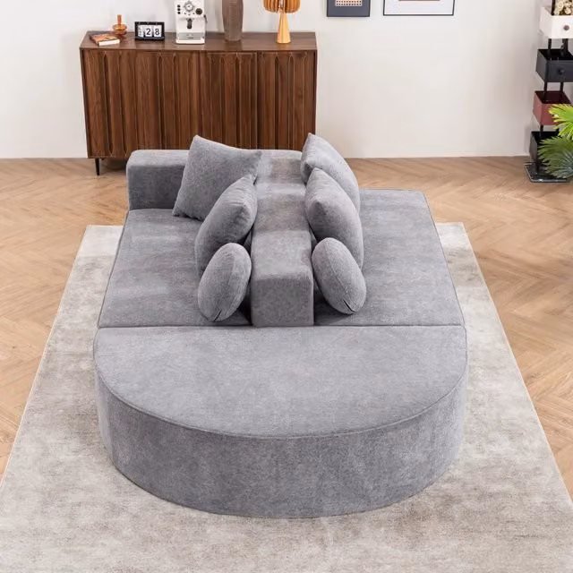 Divano Letto Modulare REDOM in Tessuto Grigio con Funzione Notte e Cuscini Inclusi