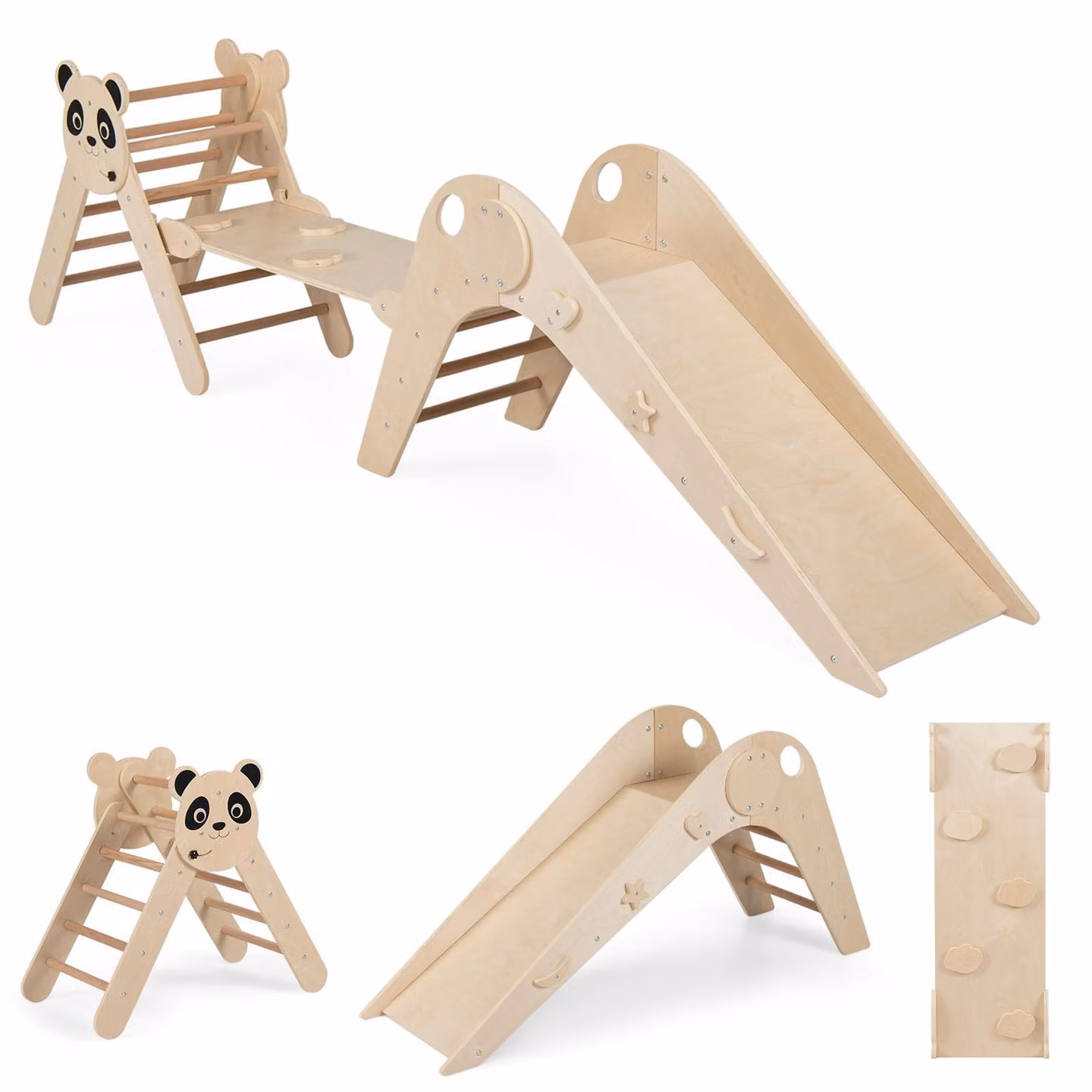 Set triangolo da arrampicata COSTWAY, set da arrampicata Montessori pieghevole in legno con motivo panda, scivolo, rampa, scala da arrampicata e blocchi con personaggi dei cartoni animati, per bambini dai 3 anni in su
