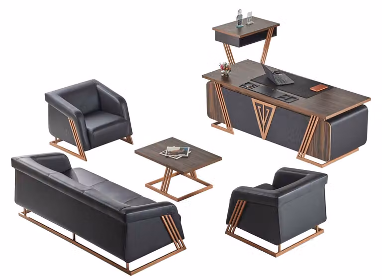 Arbeitszimmer-Set Büroeinrichtung Schreibtisch Beistelltisch Ledersofas