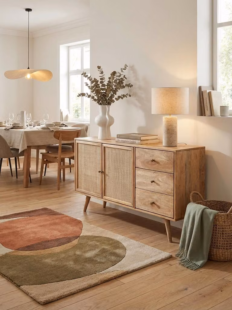 Credenza di design 140x75x40 cm in legno massello di mango / rattan, cassettiera a 3 cassetti, cassettiera alta in legno massello, mobile soggiorno, 2 scomparti con ante in vimini intrecciato