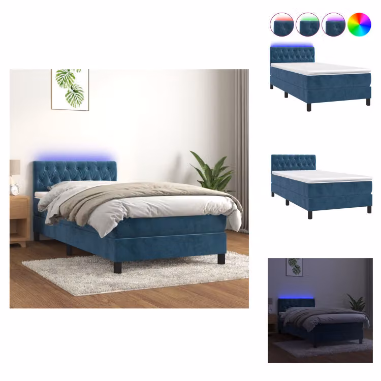 vidaXL Letto a molle con materasso e LED in velluto blu scuro 100x200 cm - Letti & strutture letto