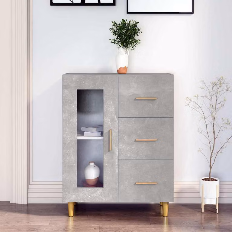 Credenza moderna vidaXL in legno multistrato e vetro, colore grigio, L 69,5 cm x P 34 cm x H 90 cm