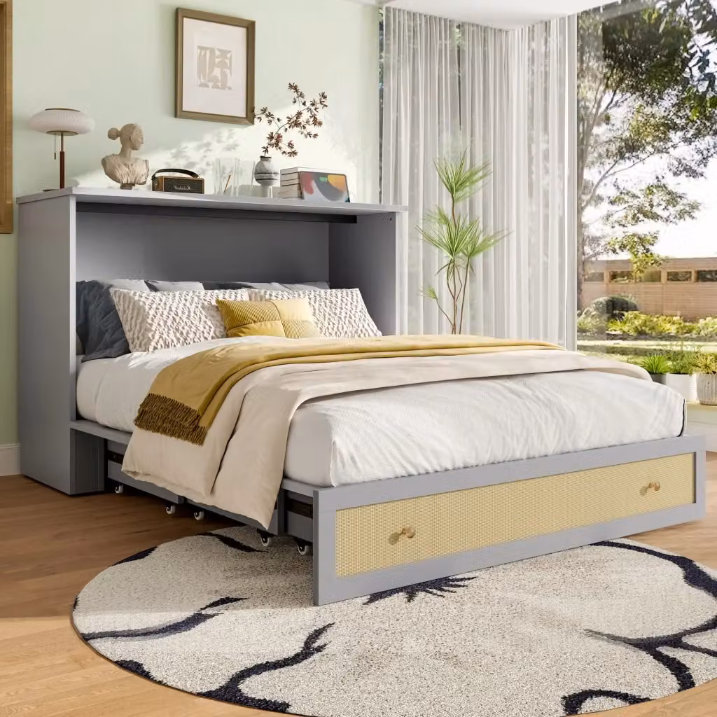 Letto a scomparsa REDOM in MDF Grigio con porta USB e mensola, L/P/H: 206 x 147,5 x 102 cm – 2