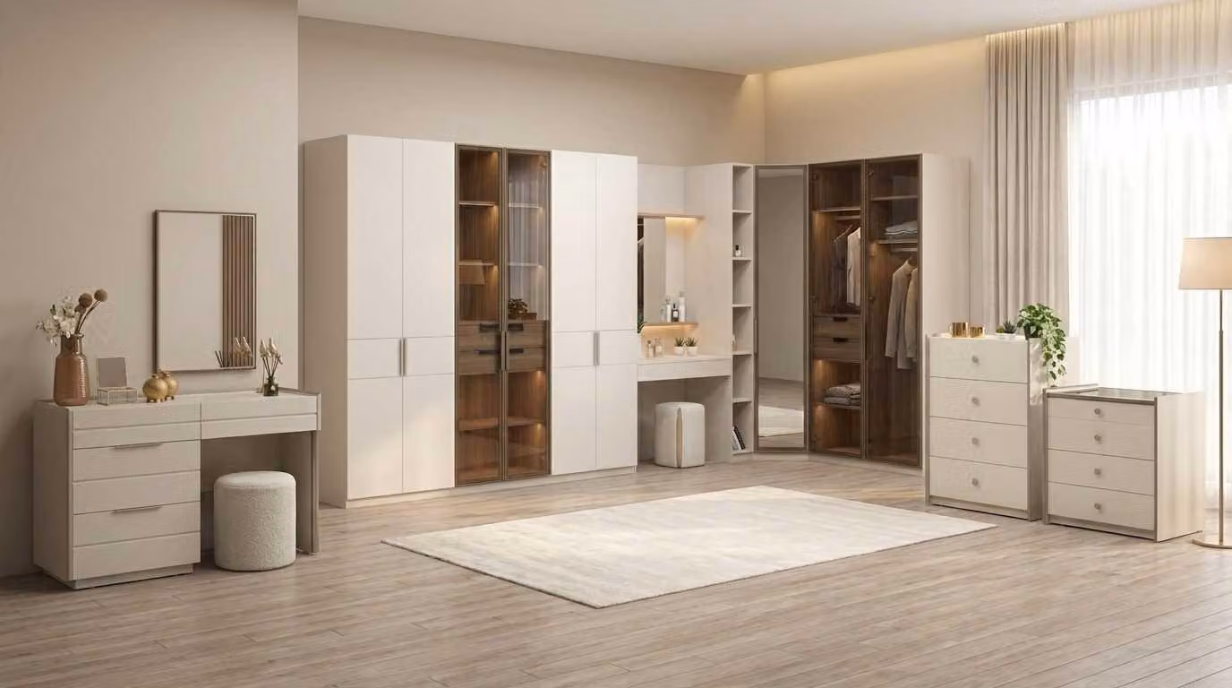 Set per camera da letto beige, moderno, con armadio ad angolo, comodini e specchio