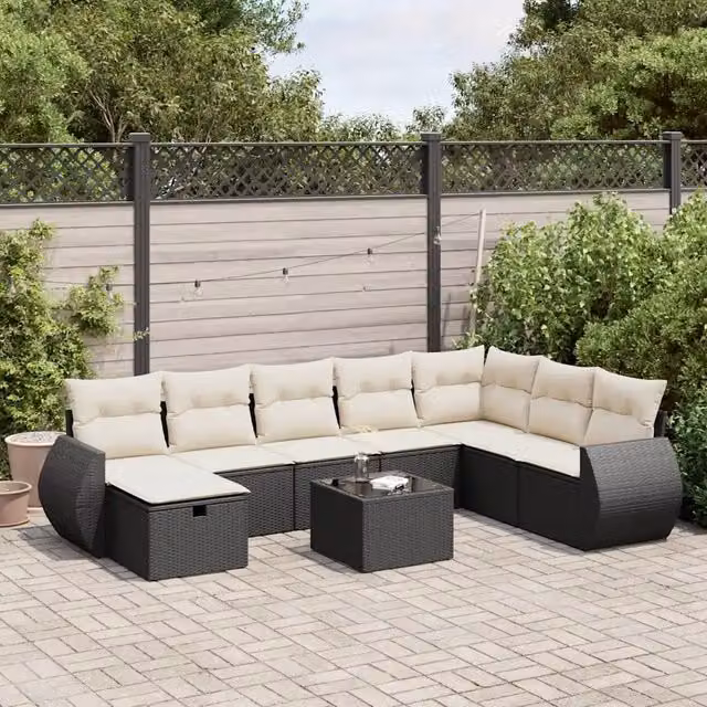 Set Divani da Giardino 9 pz con Cuscini Nero in Polyrattan 3325642