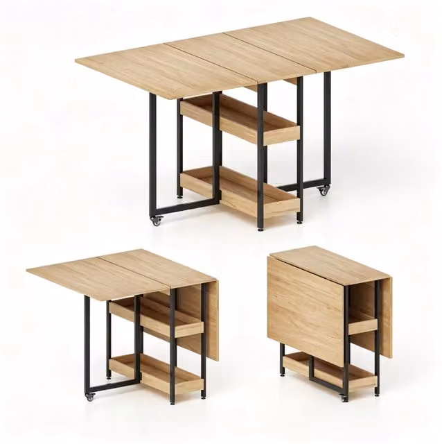 Tavolo da pranzo pieghevole con ruote, legno truciolare e metallo, salvaspazio, dimensioni 133,4x80x75 cm, colore quercia
