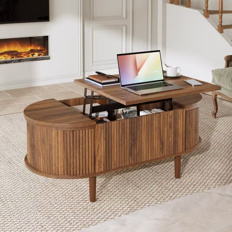 Tavolino ovale Merax in MDF con gambe in legno massello, tavolino da salotto regolabile in altezza, tavolino da divano con vano portaoggetti e piano ribaltabile, finitura noce vintage