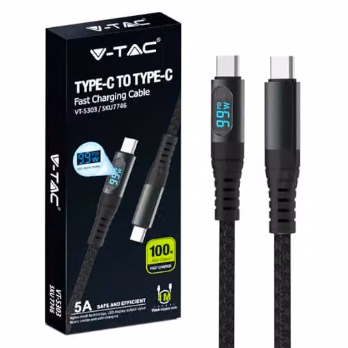 V-TAC Cavo Doppio USB Tipo-C 1m Ricarica Rapida 5A 100W con Display LED Colore Nero