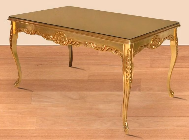 Casa Padrino Tavolo da pranzo barocco oro 200 x 100 x h. 90 cm - Tavolo da cucina in legno massiccio con piano in vetro - Mobili da sala da pranzo barocchi