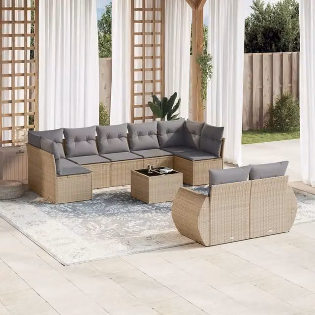 Set Divano da Giardino VIDAXL in Polyrattan Beige con 10 Pezzi e Cuscini – 1