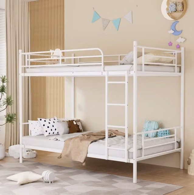 Letto a castello in acciaio 90x190 cm con scala e sponda anticaduta, bianco