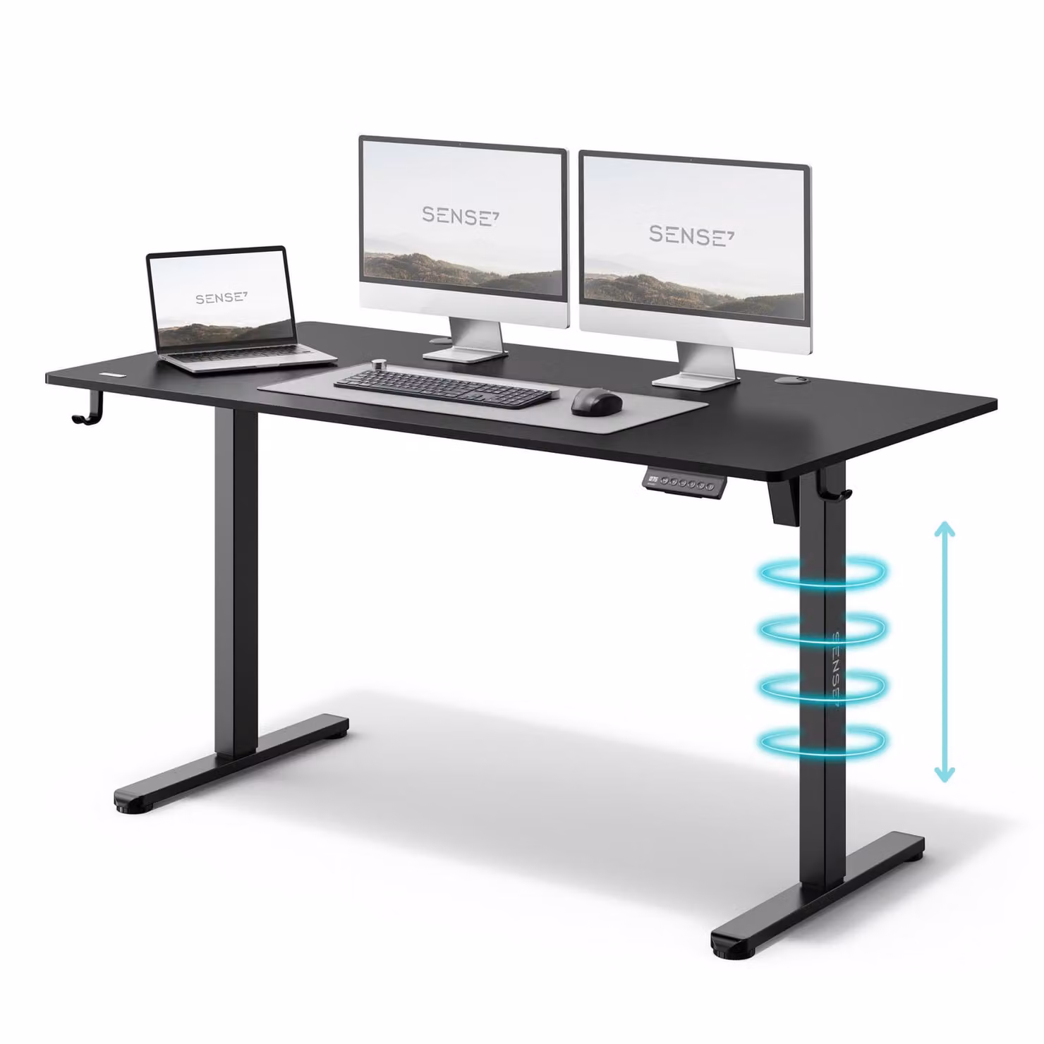 SENSE7 Nojo Scrivania regolabile in altezza 140x70 cm Elettrica Nera Tavolo da gaming Tavolo da computer Scrivania in piedi Funzione Memory Gestione cavi XXL