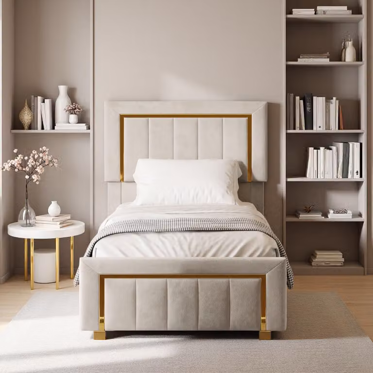 Letto imbottito INONEFT 90x200 con spazio contenitore, letto a molle con cassone a sollevamento idraulico e poggiatesta regolabile, letto per ragazzi, in velluto, senza materasso, color beige