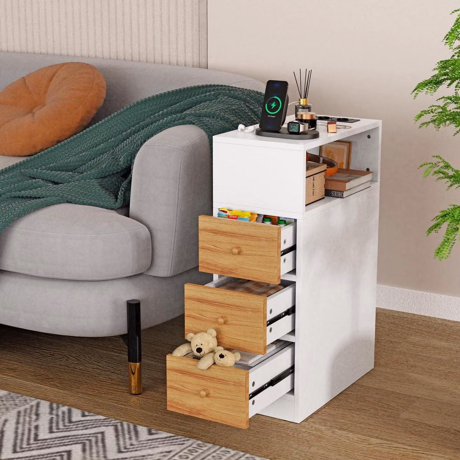 Tavolino da notte stretto con funzione di ricarica, dimensioni 25x70x35 cm, colore bianco, 3 cassetti, 2 prese di corrente, 2 porte USB