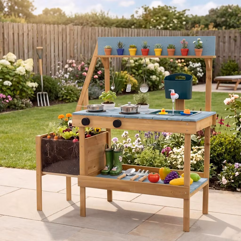 Cucina giocattolo in legno massello con fioriera rialzata per bambini, cucinetta Montessori da esterno Blu, L: 96 cm, P: 36,5 cm, H: 93 cm – 2