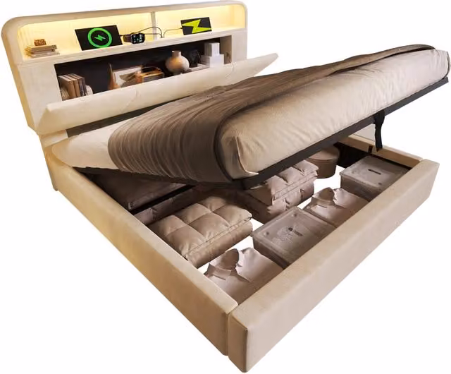 Letto Matrimoniale 140x200 cm Beige con Contenitore Idraulico; LED; USB Type-C e Testiera Regolabile