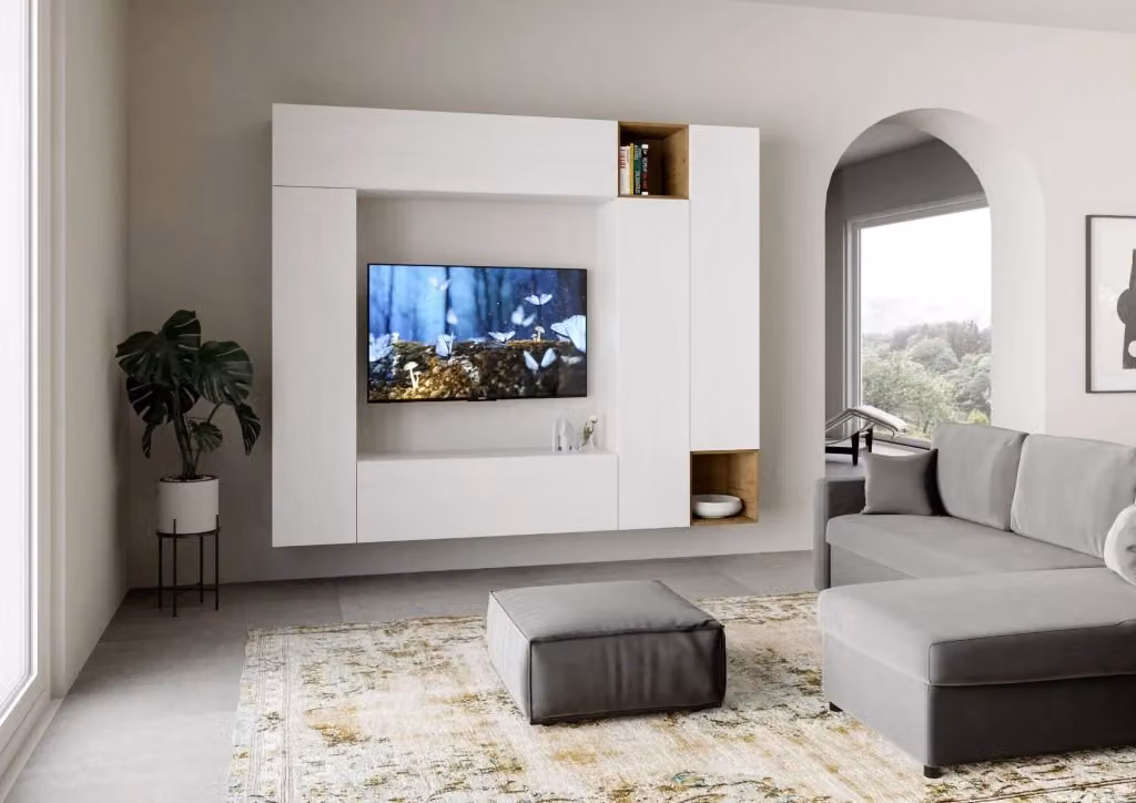Composizione parete soggiorno A32 Itamoby bianca moderna L: 254 cm, H: 214 cm – 2