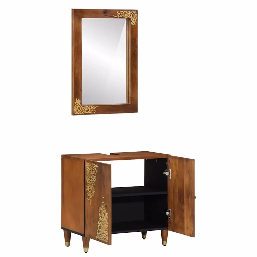Set di mobili da bagno vidaXL in legno mango color marrone con specchio e vanità a parete, 2 pezzi – 2