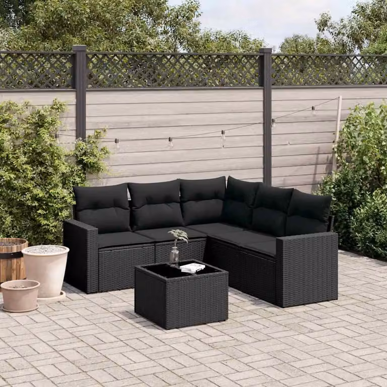 Set Divano da Giardino vidaXL 6 pz a L con Cuscini Neri e Tavolino in Vetro
