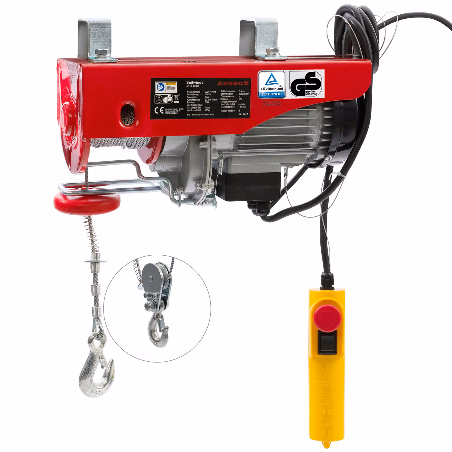 AREBOS Argano a fune 230 V 500 W, capacità di carico 400-800 kg, telecomando rosso
