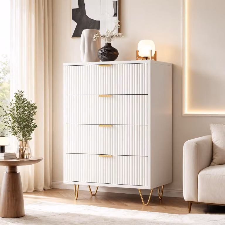 Comodino INONEFT con 4 cassetti, mobile contenitore con maniglie dorate e gambe in metallo, armadietto, cassettiera per camera da letto, soggiorno o ingresso