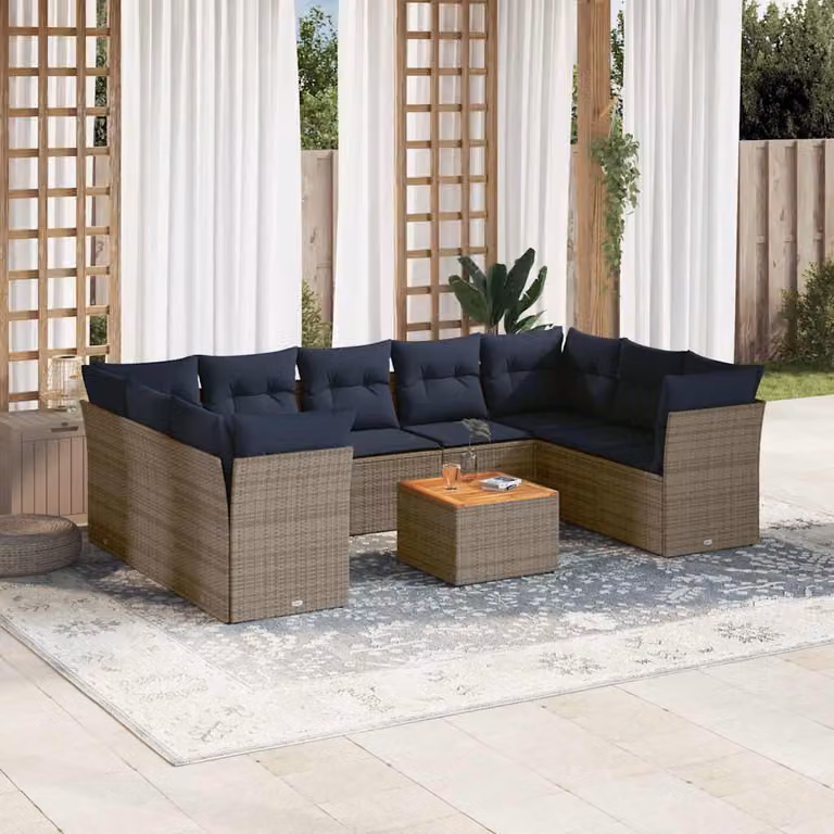 vidaXL Set Divani da Giardino 10 pz in Polyrattan con Cuscini e Tavolino, Grigio e Blu