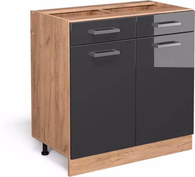 Mobiletto base per cucina Vicco R-Line Antracite lucido e Rovere dorato con ante a battente e cassetti, L: 80 cm