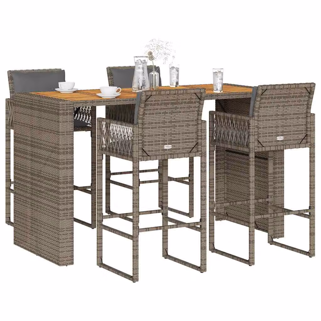 Set Bar da Giardino vidaXL in Polyrattan e Legno di Acacia con 5 Cuscini Nero