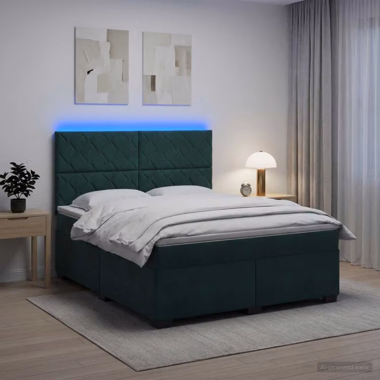 Letto box spring vidaXL in velluto verde scuro con materasso a molle pocket e illuminazione sottostante L/P: 140 x 190 cm