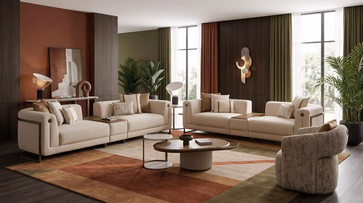 Set da salotto beige: 4 + 4 + 1 posti, tavolino da salotto, tavolino ausiliario, divano grande