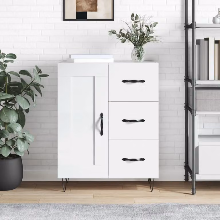 Credenza a parete vidaXL in legno e metallo bianco lucido L: 69,5 cm, P: 34 cm, H: 90 cm