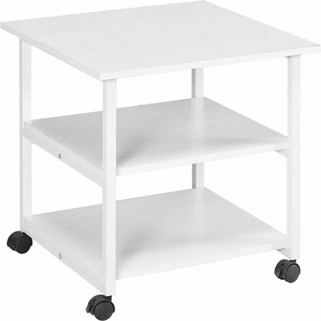 Carrello salvaspazio porta stampante HOMCOM con 3 ripiani, mobile da ufficio con 4 ruote in legno, acciaio e MDF, Bianco, L 50 cm x P 50 cm x H 52.5 cm