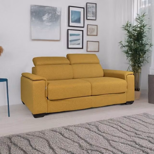 Divano letto Mercurio a 3 posti colore giallo senape con funzione letto e poggiatesta regolabile L: 210 cm, P: 94 cm, H: 90 cm