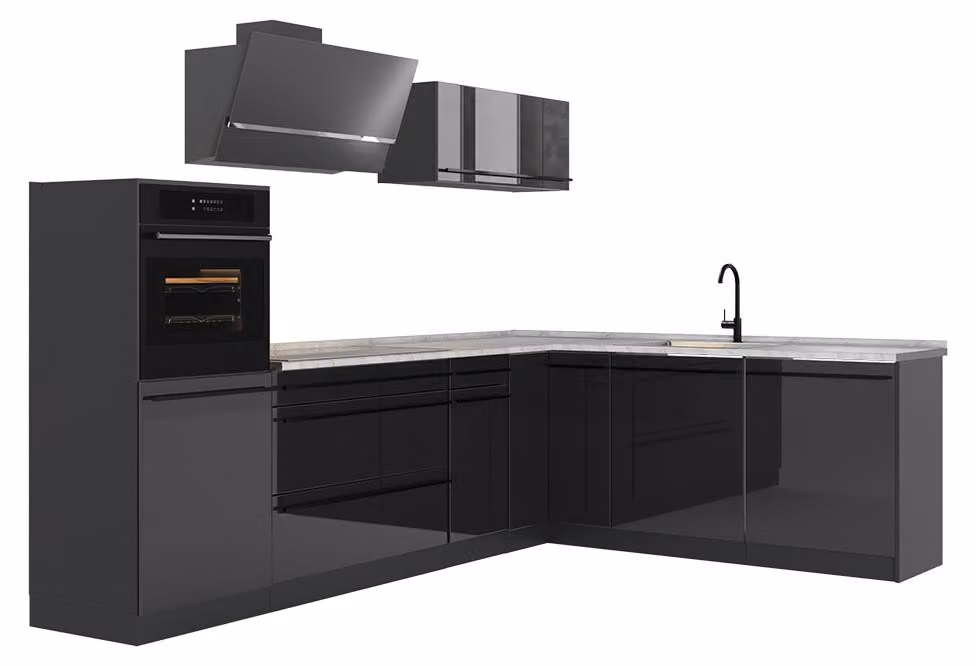 Cucina angolare completa Vicco R-Line Antracite lucido/Antracite 287 x cm piano di lavoro Marmo, Model 66751